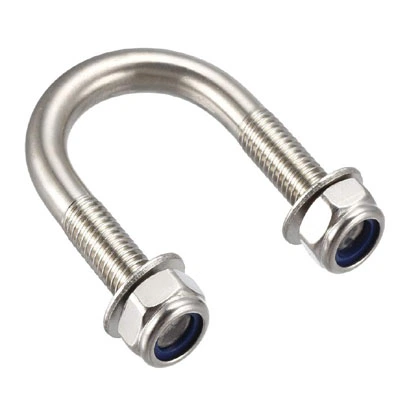 Polished stainless steel round U-bolt with two hex nuts threaded on, shown against a white background