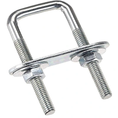 Stainless steel 304 U-bolt with two hex nuts and flat washers fitted, shown against a white background